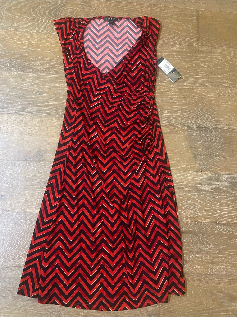 NWT Ralph Lauren Ruched Jersey Red Black Chevron Work Career Cocktail Dress M